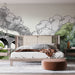 Une chambre moderne avec un papier peint illustratif représentant un pont et des nuages stylisés, créant une atmosphère artistique et rêveuse.