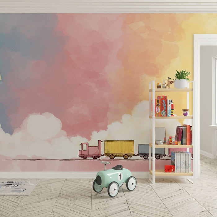 Une chambre d'enfant avec un papier peint aquarelle aux teintes pastel de rose et jaune, illustrant un train ludique qui évoque une ambiance joyeuse et imaginative.