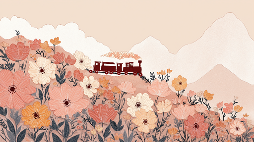 Papier peint train dans les fleurs Un charmant train entouré de fleurs délicates et de montagnes