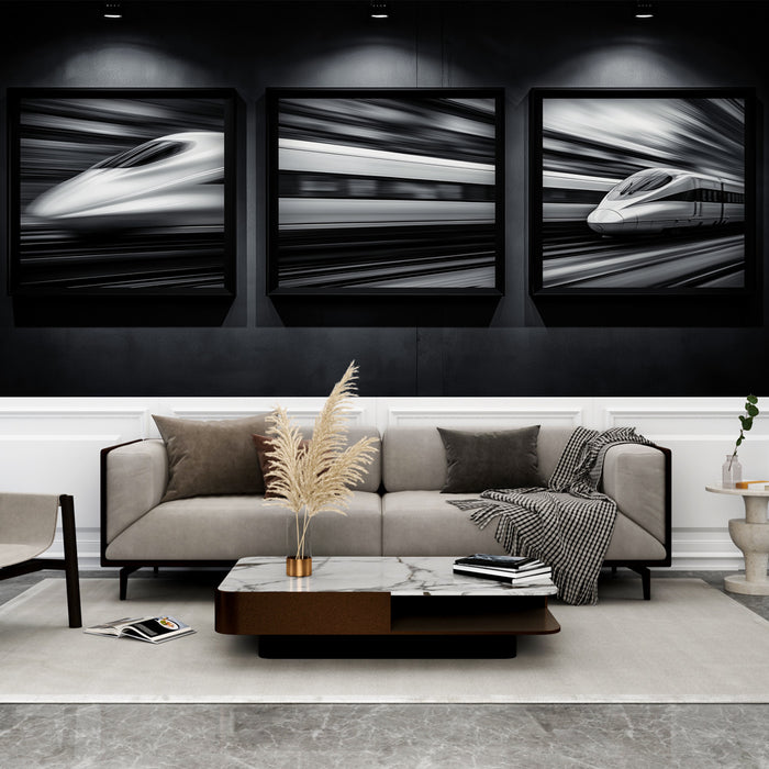 Papier peint train en mouvement | Motif dynamique en noir et blanc