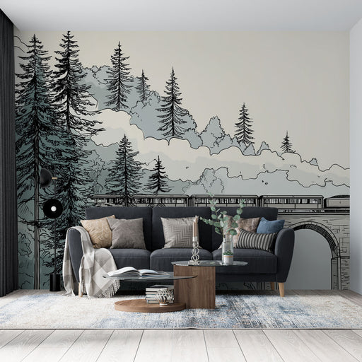 Un salon contemporain avec un papier peint illustrant un paysage montagneux en noir et blanc, dégageant une atmosphère apaisante et artistique.