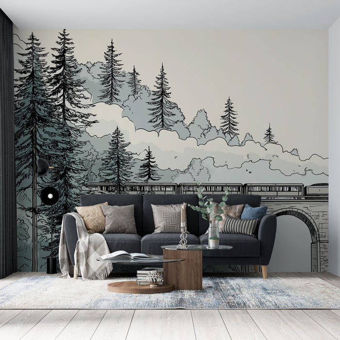 Un salon contemporain avec un papier peint illustrant un paysage montagneux en noir et blanc, dégageant une atmosphère apaisante et artistique.