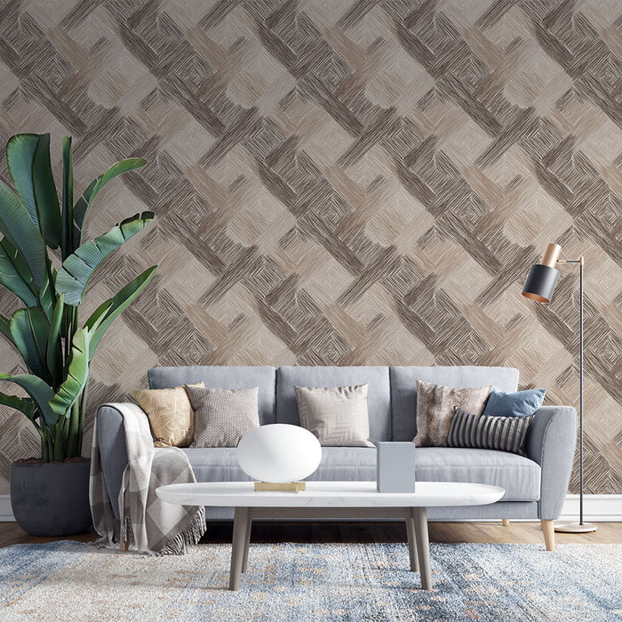 Un salon moderne avec un papier peint texturé aux motifs géométriques en nuances de beige et marron, créant une ambiance chaleureuse et accueillante.