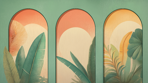 Papier peint tropical Arches colorées et feuillages luxuriants