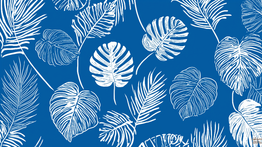 Papier peint tropical bleu Feuilles exotiques blanches sur fond bleu