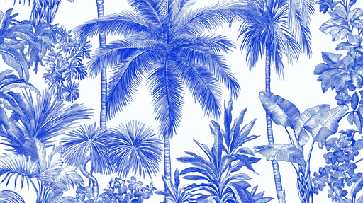 Papier peint tropical bleu Motif luxuriant de palmiers et de feuillages exotiques