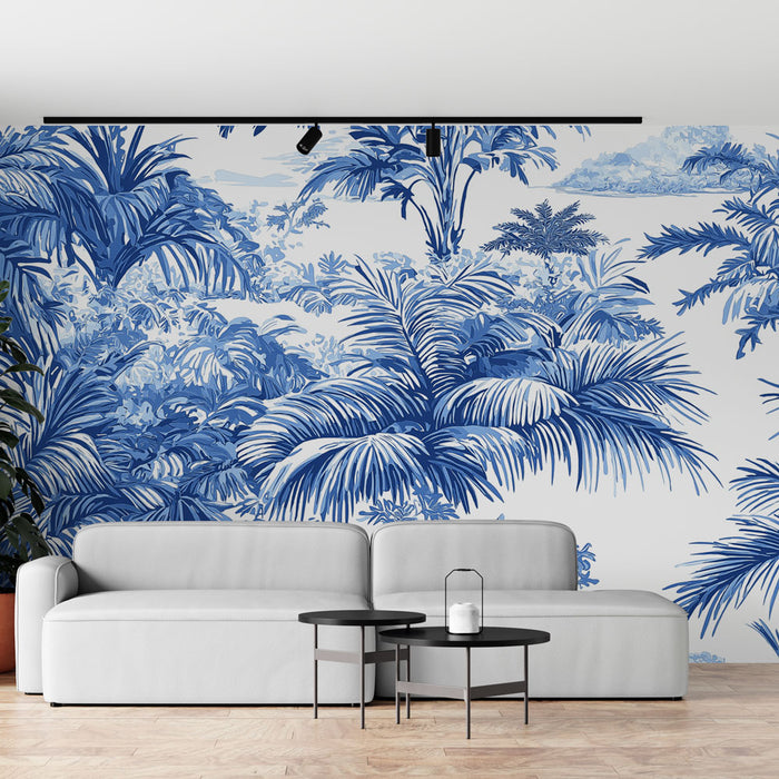 Un salon contemporain avec un papier peint tropical bleu représentant de luxuriantes palmiers sur fond clair, créant une atmosphère apaisante et rafraîchissante.