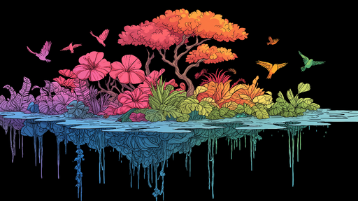 Papier peint tropical coloré Paysage luxuriant avec fleurs et oiseaux