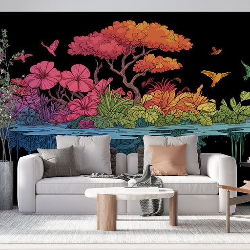 Un salon moderne avec un papier peint tropical coloré représentant une scène vibrante de fleurs et d'oiseaux sur fond noir, créant une atmosphère dynamique et accueillante.