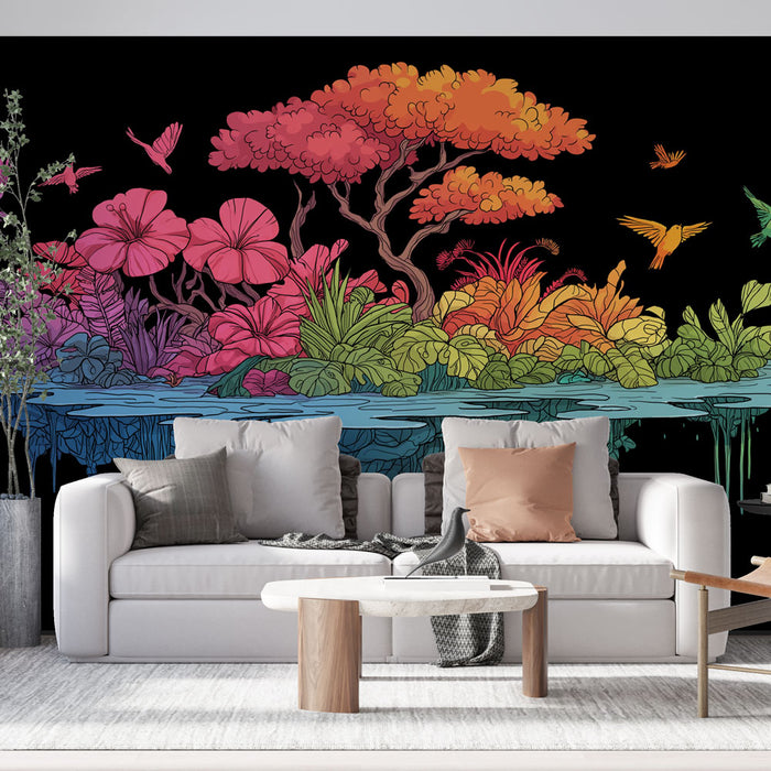 Un salon moderne avec un papier peint tropical coloré représentant une scène vibrante de fleurs et d'oiseaux sur fond noir, créant une atmosphère dynamique et accueillante.