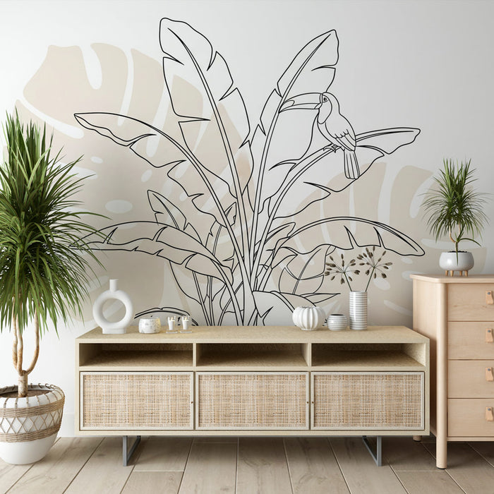 Une pièce moderne avec un papier peint illustré de grandes feuilles tropicales en noir et blanc, créant une ambiance artistique et apaisante.