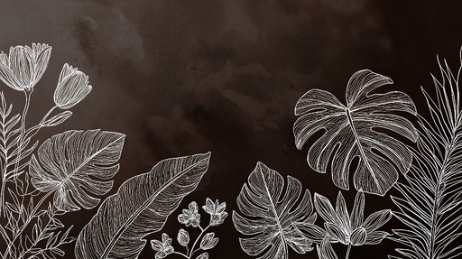 Papier peint tropical Éléments botaniques en blanc sur fond brun profond