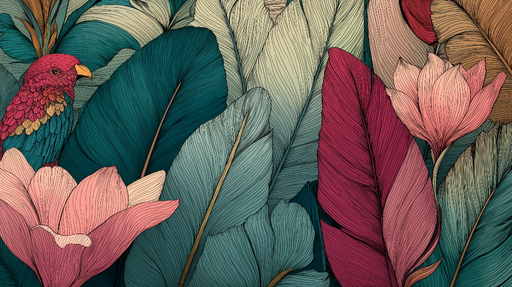 Papier peint tropical Feuillage coloré avec un perroquet et des fleurs délicates