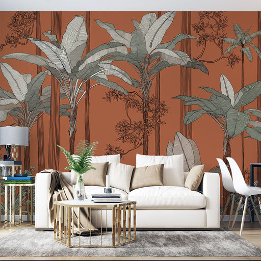 Un salon moderne avec un papier peint tropical aux motifs de grandes feuilles sur fond terracotta, créant une atmosphère chaleureuse et accueillante.