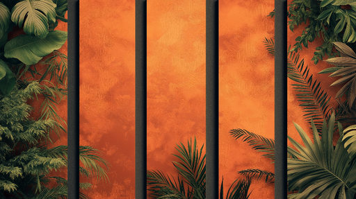 Papier peint tropical Feuillage luxuriant sur un fond orangé chaleureux