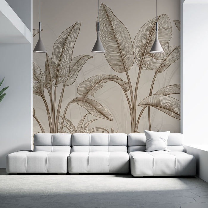 Un salon moderne avec un papier peint aux motifs de grandes feuilles tropicales dessinées en ligne sur fond beige, créant une ambiance élégante et apaisante.