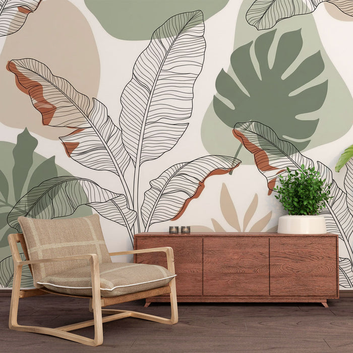 Une pièce moderne avec un papier peint tropical aux motifs de grandes feuilles stylisées dans des teintes vertes et beige, créant une atmosphère apaisante et naturelle.