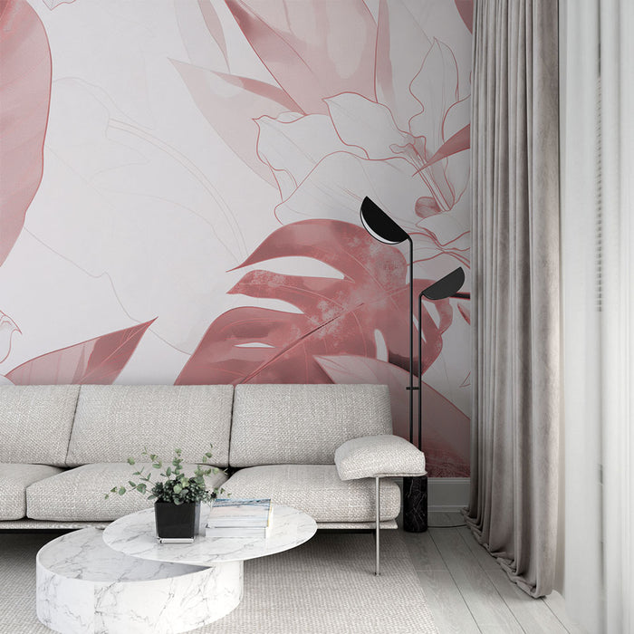 Un salon moderne avec un papier peint aux motifs de grandes feuilles tropicales dans des teintes roses et blanches, créant une ambiance douce et apaisante.
