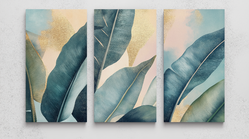 Papier peint tropical Feuilles de bananier dans des tons de bleu et doré