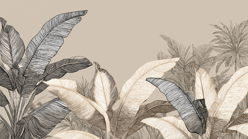 Papier peint tropical Feuilles de bananier en lignes délicates sur fond neutre