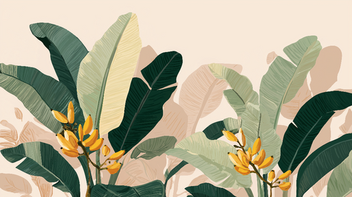 Papier peint tropical Feuilles de bananier et fleurs jaunes sur fond doux