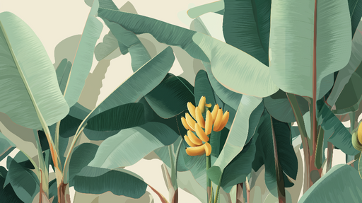 Papier peint tropical Feuilles de bananier et grappes de bananes jaunes