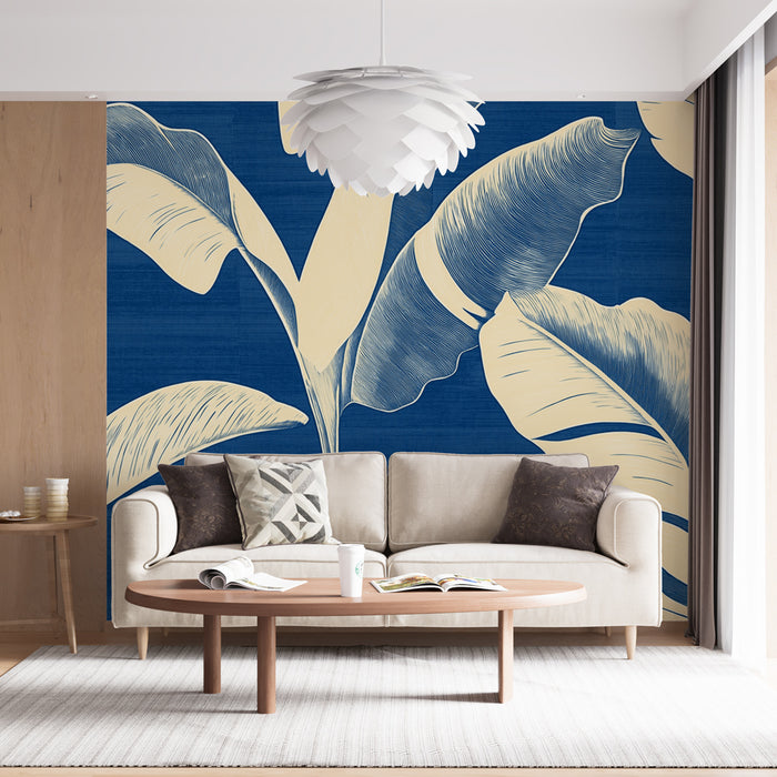 Papier peint tropical | Feuilles de bananier sur fond bleu marine