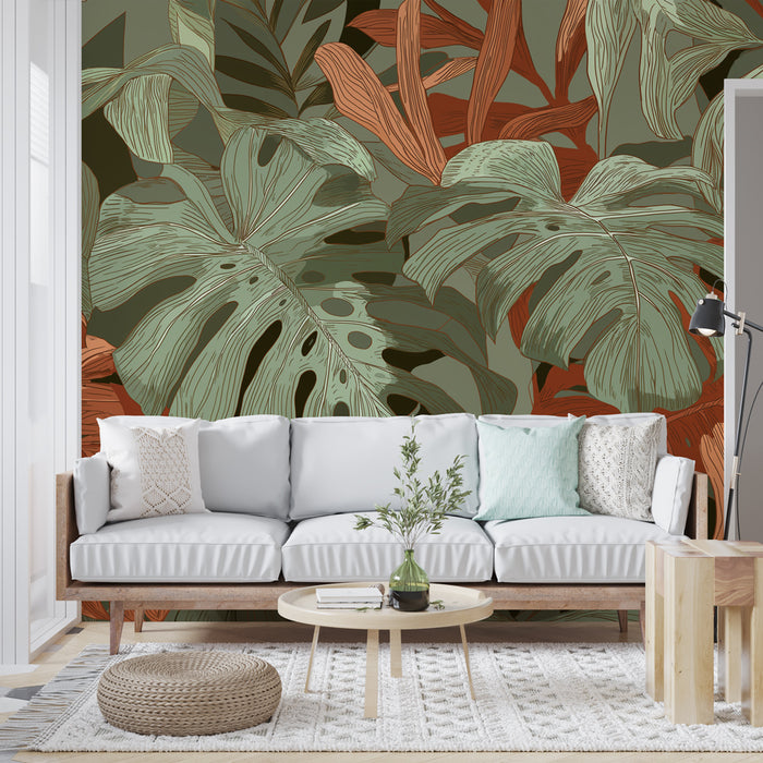Un salon moderne avec un papier peint tropical aux grandes feuilles vertes et orangées sur fond sombre, créant une ambiance chaleureuse et naturelle.