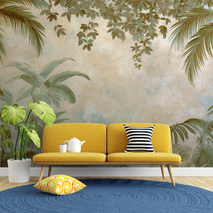 Une pièce lumineuse avec un papier peint tropical aux motifs de palmiers et de feuillages sur fond beige, créant une atmosphère apaisante et chaleureuse.