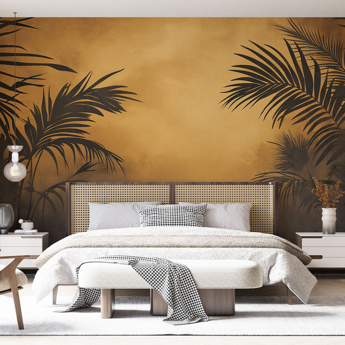 Papier peint tropical | Feuilles de palmiers sur fond or intemporel