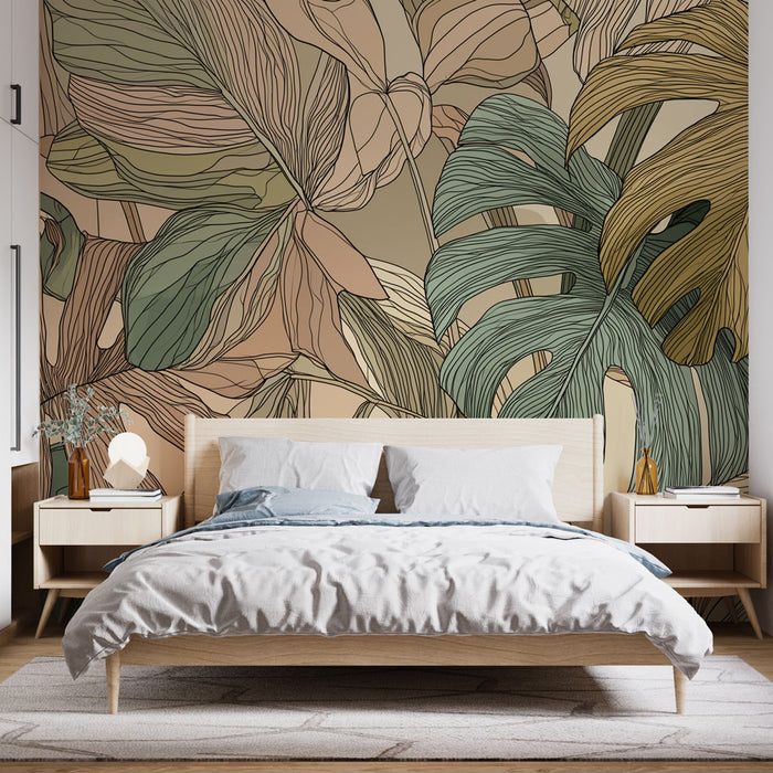 Une chambre moderne avec un papier peint tropical aux motifs de grandes feuilles stylisées dans des teintes douces de vert et beige, créant une atmosphère apaisante et naturelle.