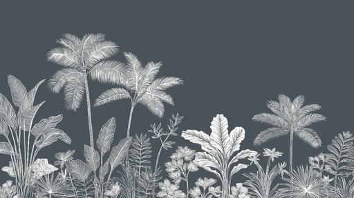 Papier peint tropical Feuilles et fleurs linéaires sur fond sombre