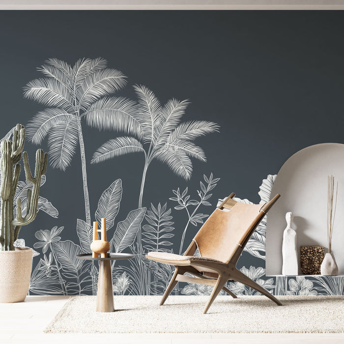 Une pièce moderne avec un papier peint tropical bleu foncé illustrant des palmiers et des feuillages en blanc, créant une atmosphère apaisante et élégante.