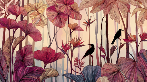 Papier peint tropical Feuilles et oiseaux aux couleurs riches et vibrantes