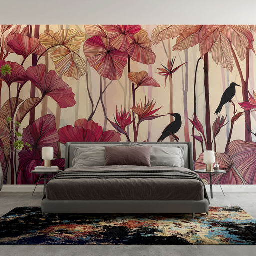 Une chambre moderne avec un papier peint tropical aux grandes feuilles roses et dorées, créant une atmosphère chaleureuse et vivante.