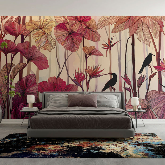 Une chambre moderne avec un papier peint tropical aux grandes feuilles roses et dorées, créant une atmosphère chaleureuse et vivante.