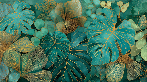 Papier peint tropical Feuilles exotiques aux reflets dorés sur fond émeraude