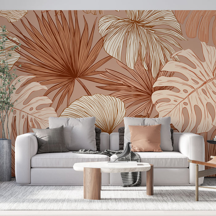 Un salon moderne avec un papier peint tropical aux motifs de grandes feuilles dans des teintes terracotta et crème, créant une ambiance chaleureuse et accueillante.