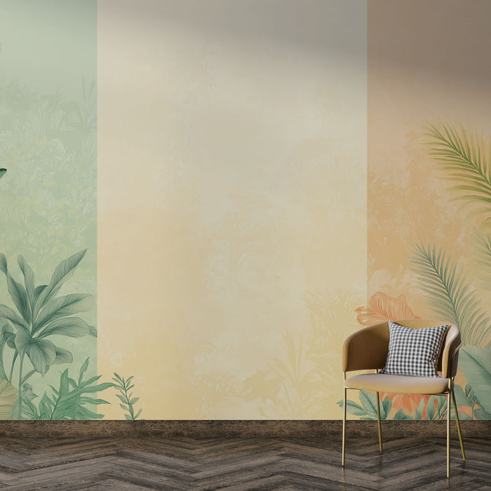 Une pièce moderne avec un papier peint tropical aux teintes douces de vert et de beige, illustrant des feuillages exotiques et créant une ambiance apaisante et naturelle.