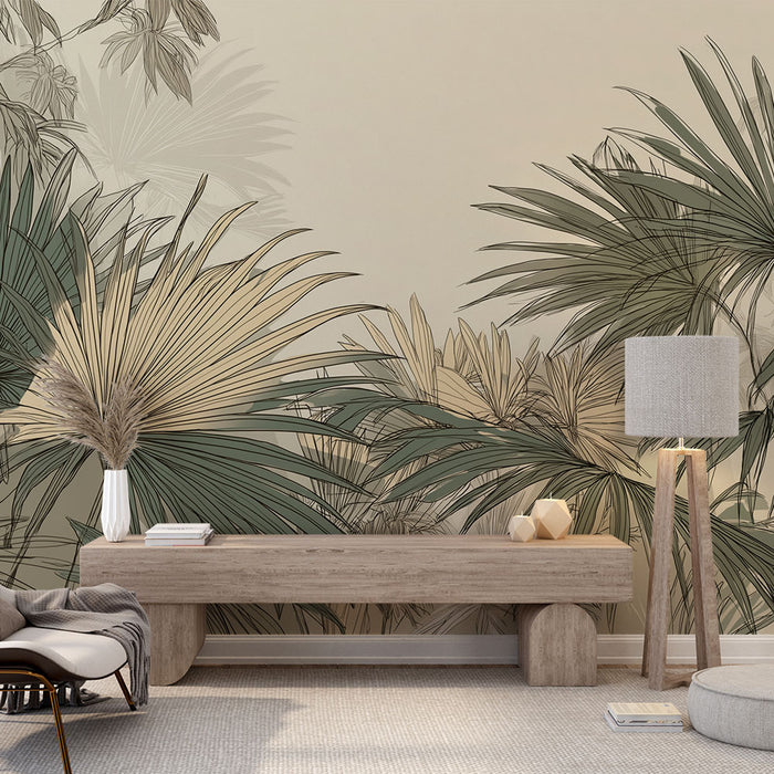 Papier peint tropical | Feuilles exotiques en lignes délicates sur fond doux