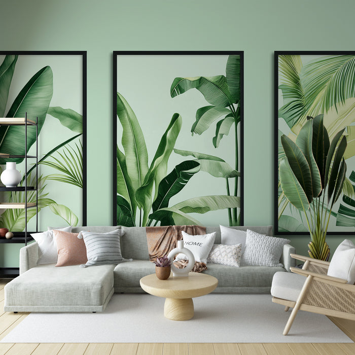 Un salon moderne avec un papier peint tropical vert clair illustrant de grandes feuilles exotiques, créant une atmosphère fraîche et apaisante.