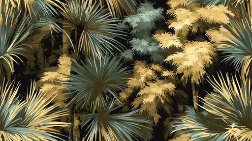 Papier peint tropical Feuilles exubérantes aux teintes dorées et bleu-gris