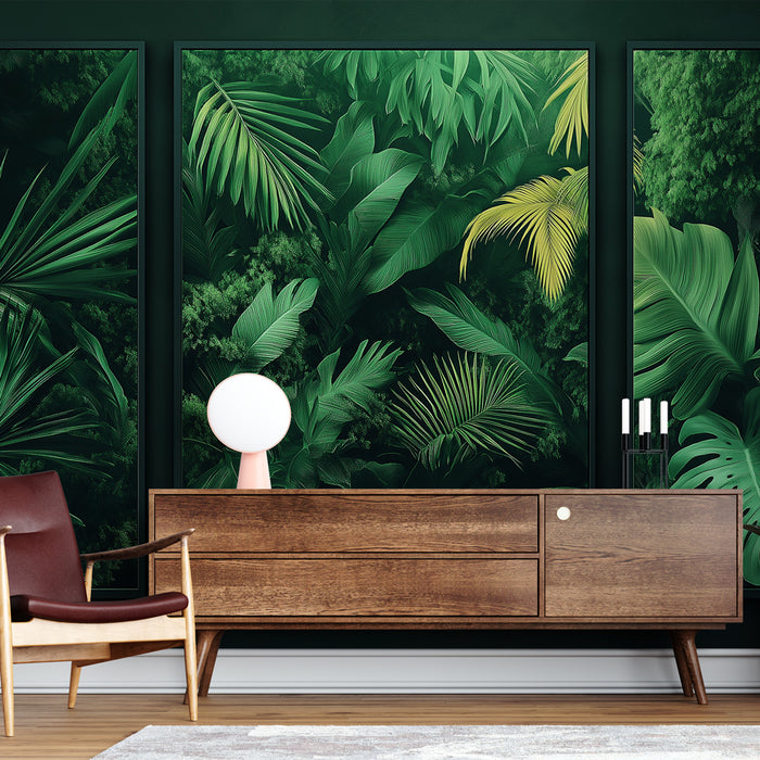 Papier peint tropical | Feuilles luxuriantes dans des nuances de vert profond