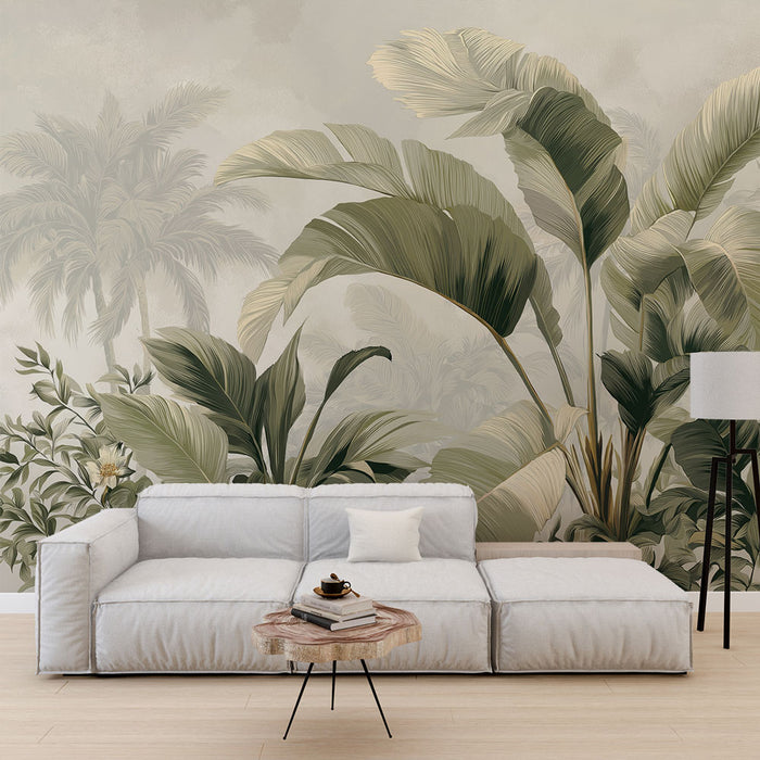 Une pièce lumineuse avec un papier peint tropical aux grandes feuilles vertes et dorées créant une ambiance naturelle et apaisante.
