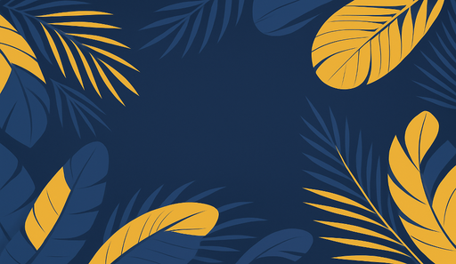 Papier peint tropical Feuilles stylisées sur fond bleu marine avec des accents jaunes