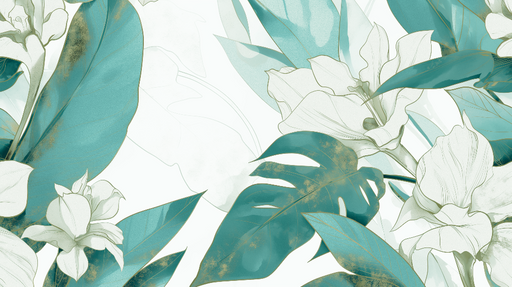 Papier peint tropical feuilles vert d eau et fleurs dorees