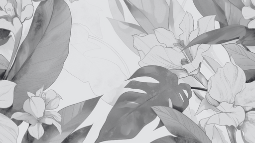 Papier peint tropical feuilles vertes et fleurs dorees en noir et blanc