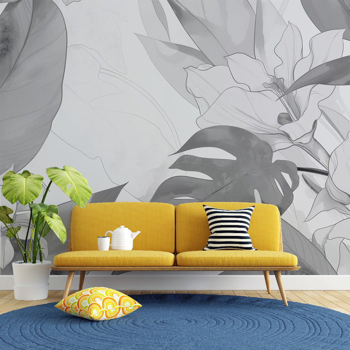Une pièce lumineuse avec un papier peint floral en nuances de gris représentant des feuilles et des fleurs, créant une atmosphère élégante et apaisante.