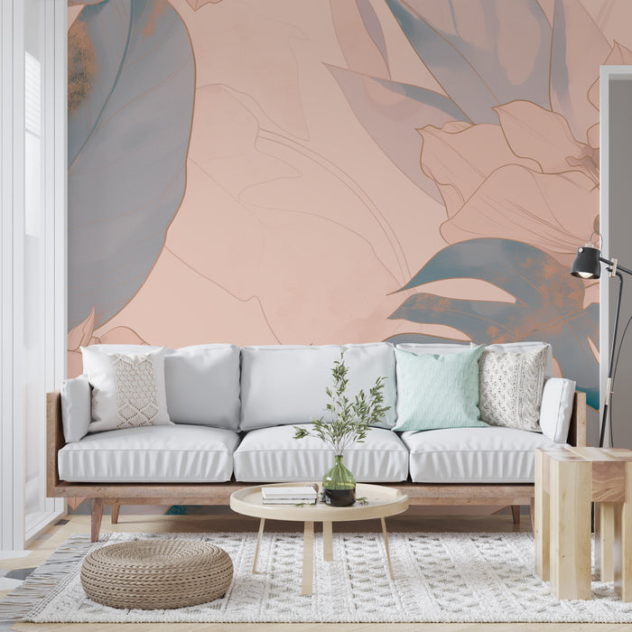 Un salon lumineux avec un papier peint aux motifs floraux délicats sur fond rose, créant une ambiance douce et apaisante.