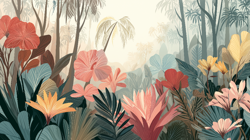 Papier peint tropical Fleurs et feuillage luxuriant dans un décor de forêt équatoriale